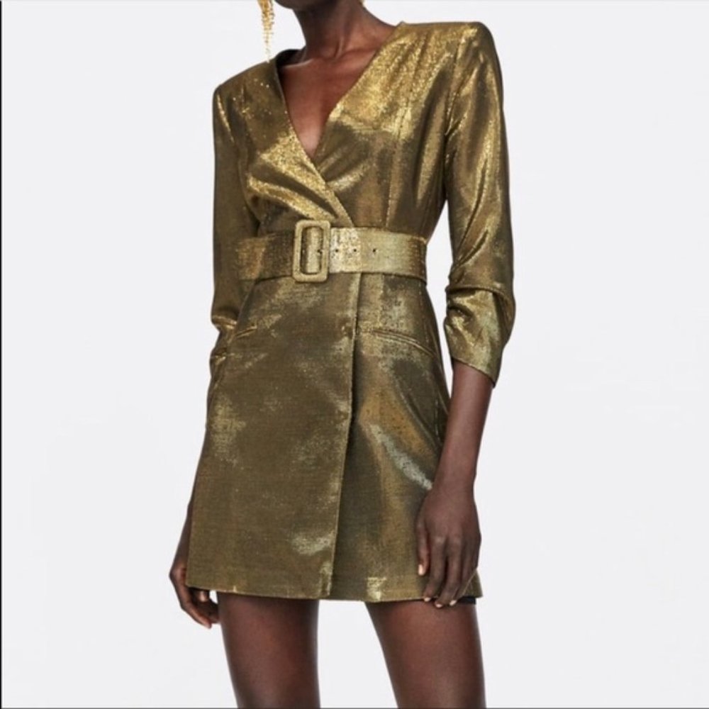 Zara Gold Belted Mini Blazer Dress